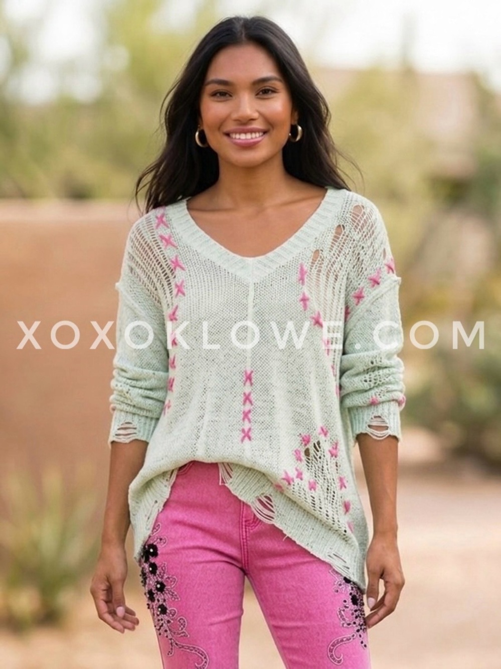 POL Mint Green Open Knit Sweater | Pink Whipstitch Slouchy V Neck Distressed - Picture 10 of 11
